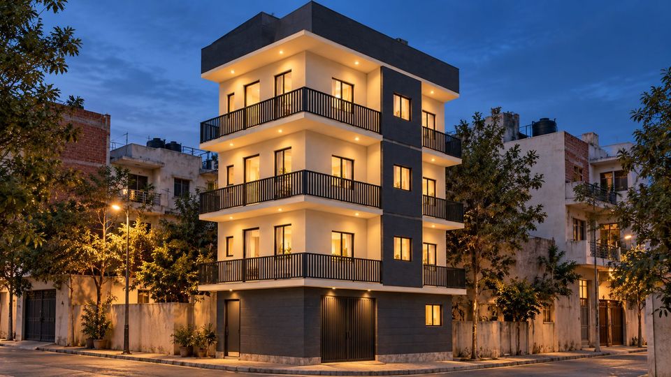 AURA01 corner residence at dusk in ivory and charcoal, reference visualisation of a live SSR build