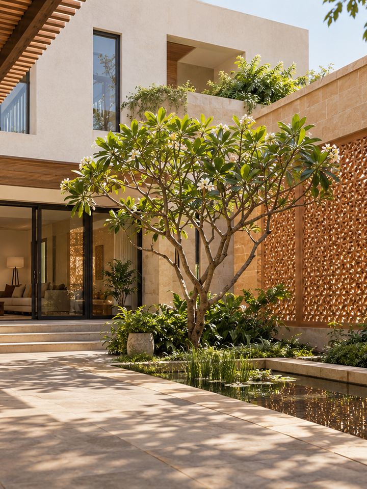 Sandstone courtyard with a jaali screen, concept render