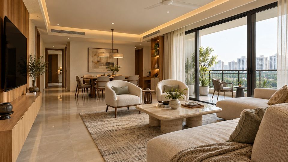 Ivory and oak apartment living and dining room, concept render