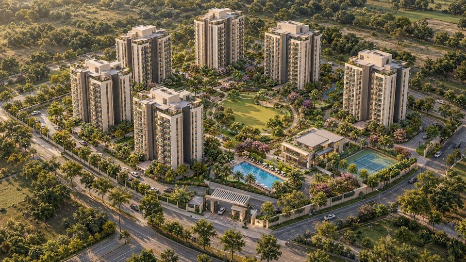 Aerial view of a residential masterplan with towers around a central green, generic concept render