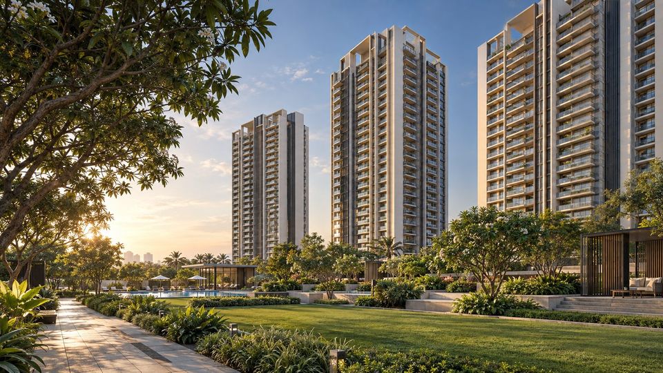 Residential towers beside a landscaped garden, concept render