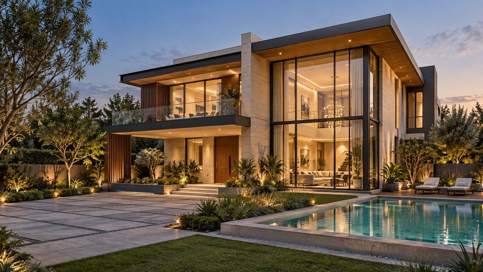 Two-storey villa with double-height glazing and a pool terrace at dusk, concept render