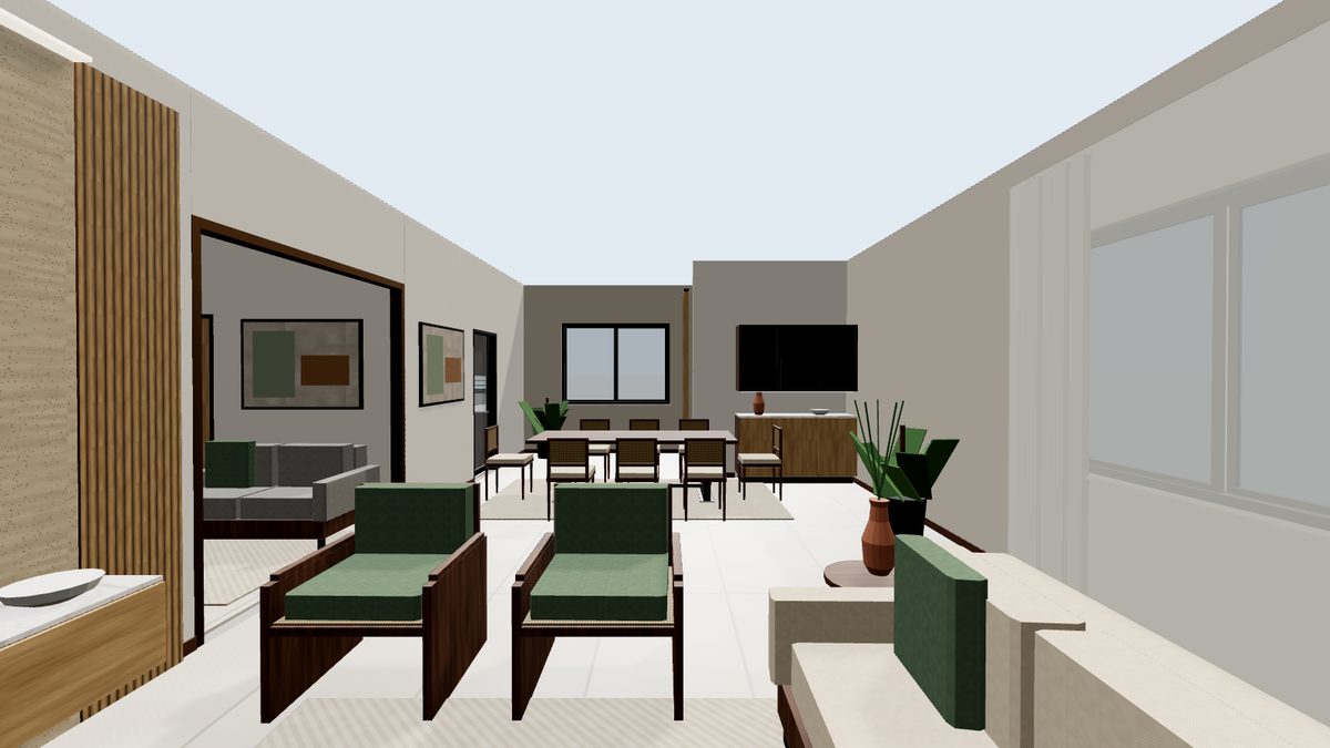 3 BHK Interior 3D walkthrough — living room at eye level, dining beyond, fluted timber screen and green armchairs