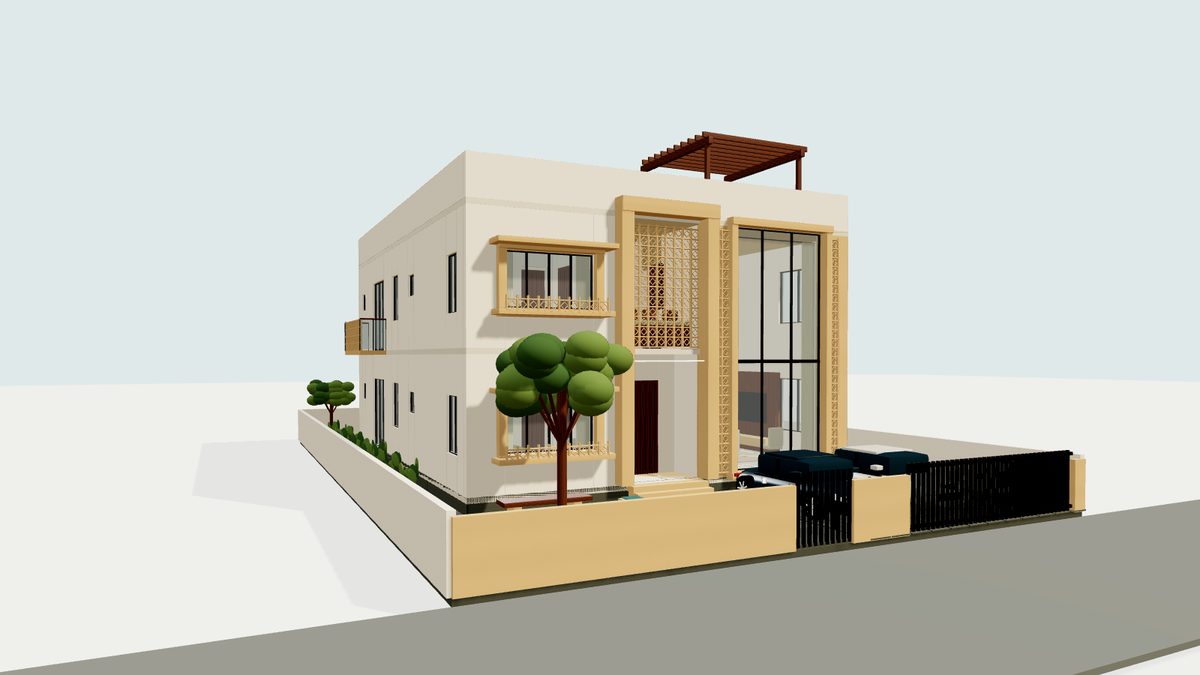 Jharokha Residence 3D model — cream villa with a jharokha window and jaali screen