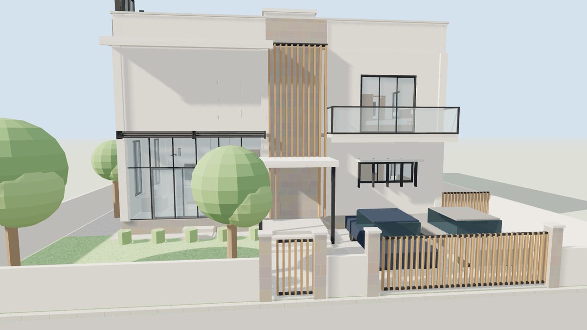 Sankalp Villa 3D concept — two-storey white villa with timber fins, glass balcony and double-height glazing