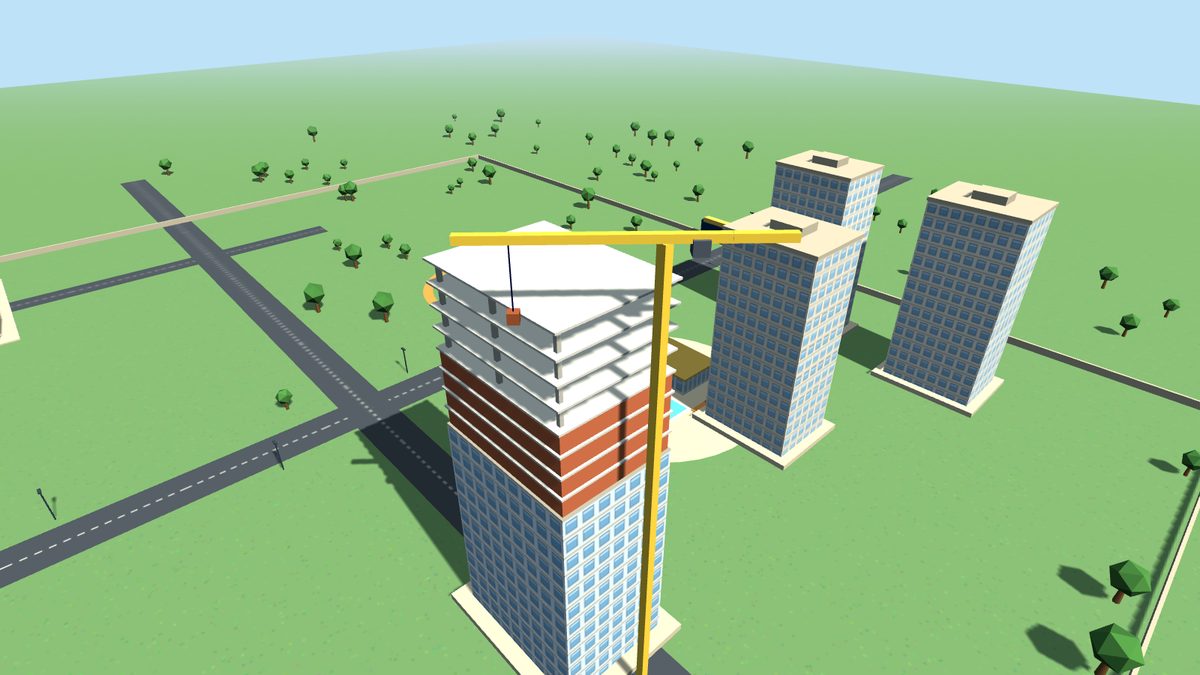 SSR Group World 3D scene — a tower under construction with a crane beside three finished towers